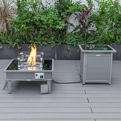 LeisureMod Walbrooke Modern Grey Patio Conversation With Square Fire Pit With Slats Design & Tank Holder