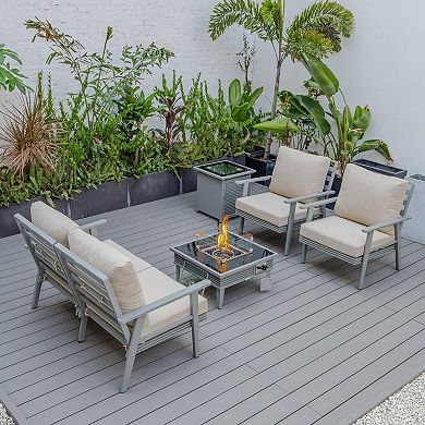 LeisureMod Walbrooke Modern Grey Patio Conversation With Square Fire Pit With Slats Design & Tank Holder