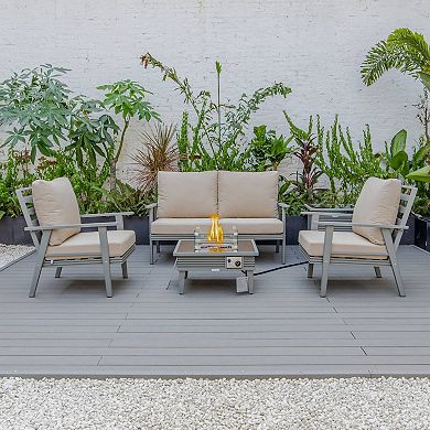 LeisureMod Walbrooke Modern Grey Patio Conversation With Square Fire Pit With Slats Design & Tank Holder