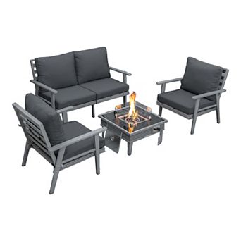 LeisureMod Walbrooke Modern Grey Patio Conversation With Square Fire Pit With Slats Design & Tank Holder