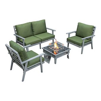 LeisureMod Walbrooke Modern Grey Patio Conversation With Square Fire Pit With Slats Design & Tank Holder