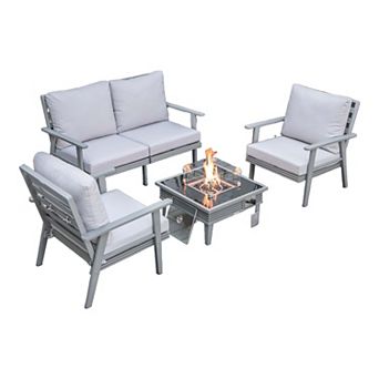 LeisureMod Walbrooke Modern Grey Patio Conversation With Square Fire Pit With Slats Design & Tank Holder