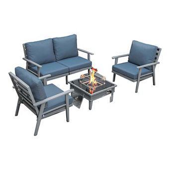 LeisureMod Walbrooke Modern Grey Patio Conversation With Square Fire Pit With Slats Design & Tank Holder