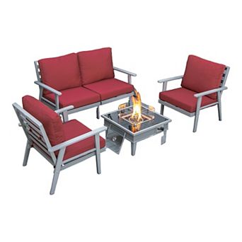 LeisureMod Walbrooke Modern Grey Patio Conversation With Square Fire Pit With Slats Design & Tank Holder