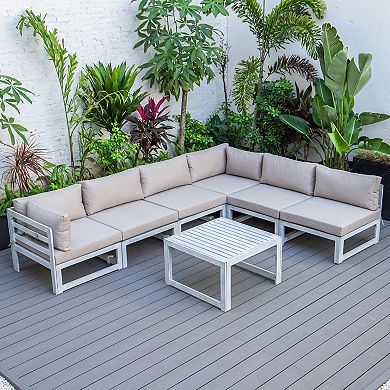 LeisureMod Chelsea 7-Piece Patio Sectional And Coffee Table Set Weathered Grey Aluminum With Cushions