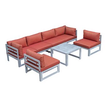 LeisureMod Chelsea 7 pc Patio Sectional And Coffee Table Set Weathered Grey Aluminum With Cushions