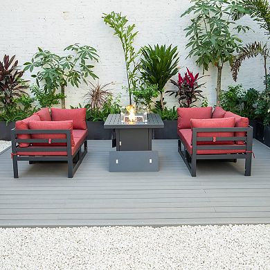 LeisureMod Chelsea 5-Piece Sectional Loveseat and Fireplace Set Black Aluminum with Cushions