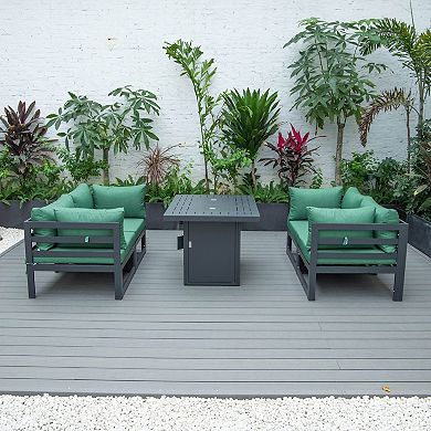 LeisureMod Chelsea 5-Piece Sectional Loveseat and Fireplace Set Black Aluminum with Cushions