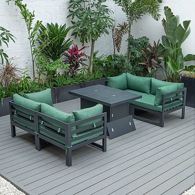 LeisureMod Chelsea 5-Piece Sectional Loveseat and Fireplace Set Black Aluminum with Cushions