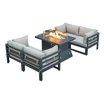 LeisureMod Chelsea 5 pc Sectional Loveseat and Fireplace Set Black Aluminum with Cushions