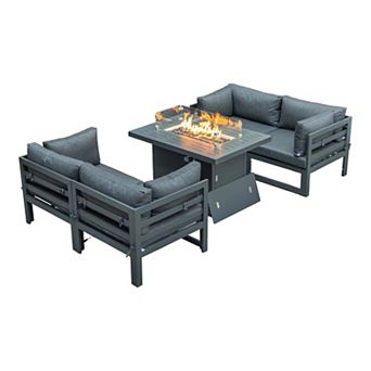 LeisureMod Chelsea 5 pc Sectional Loveseat and Fireplace Set Black Aluminum with Cushions