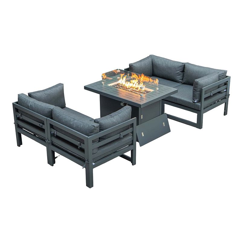 Outdoor sectional sofa set with a fire pit table and cushions in dark gray