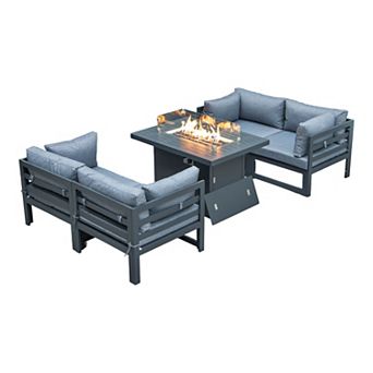 LeisureMod Chelsea 5 pc Sectional Loveseat and Fireplace Set Black Aluminum with Cushions