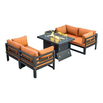 LeisureMod Chelsea 5 pc Sectional Loveseat and Fireplace Set Black Aluminum with Cushions