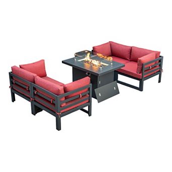 LeisureMod Chelsea 5 pc Sectional Loveseat and Fireplace Set Black Aluminum with Cushions