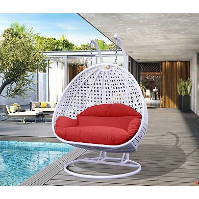 Leisuremod White Wicker Hanging 2 Person Egg Swing Chair
