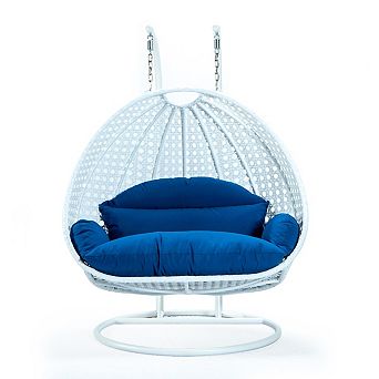 Leisuremod White Wicker Hanging 2 Person Egg Swing Chair