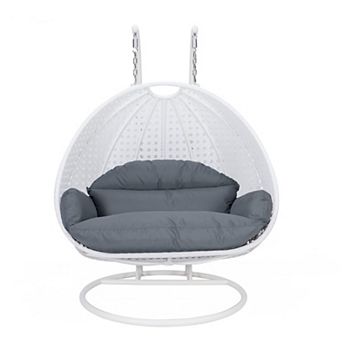 Leisuremod White Wicker Hanging 2 Person Egg Swing Chair
