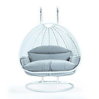 Leisuremod White Wicker Hanging 2 Person Egg Swing Chair