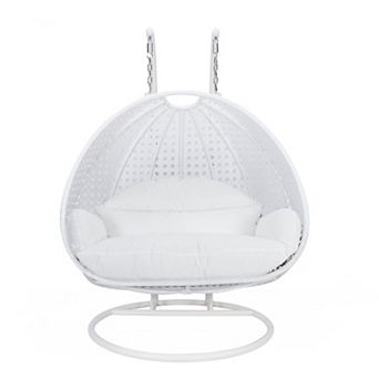 Leisuremod White Wicker Hanging 2 Person Egg Swing Chair