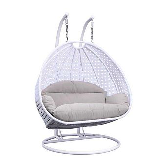 Leisuremod White Wicker Hanging 2 Person Egg Swing Chair