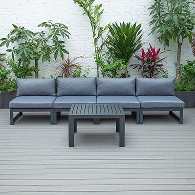 LeisureMod Chelsea 5-Piece Middle Patio Chairs and Coffee Table Set Black Aluminum With Cushions