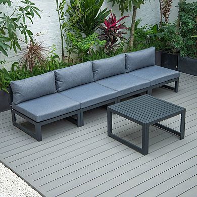 LeisureMod Chelsea 5-Piece Middle Patio Chairs and Coffee Table Set Black Aluminum With Cushions