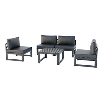 LeisureMod Chelsea 5 pc Middle Patio Chairs and Coffee Table Set Black Aluminum With Cushions