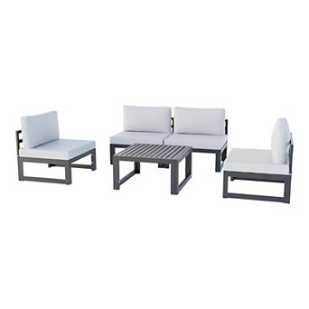 LeisureMod Chelsea 5 pc Middle Patio Chairs and Coffee Table Set Black Aluminum With Cushions