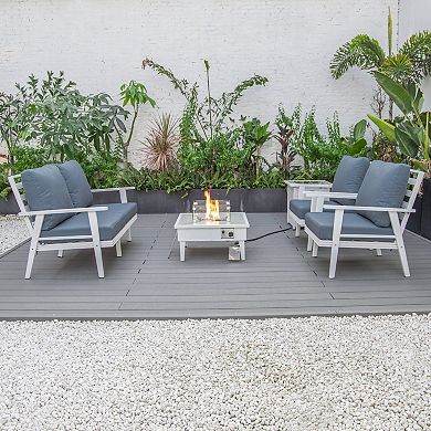 LeisureMod Walbrooke Modern White Patio Conversation With Square Fire Pit & Tank Holder