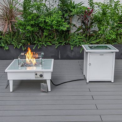 LeisureMod Walbrooke Modern White Patio Conversation With Square Fire Pit & Tank Holder