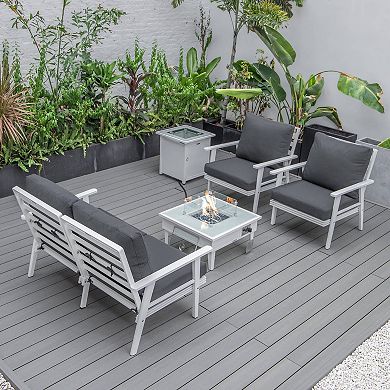 LeisureMod Walbrooke Modern White Patio Conversation With Square Fire Pit & Tank Holder