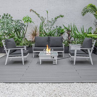 LeisureMod Walbrooke Modern White Patio Conversation With Square Fire Pit & Tank Holder