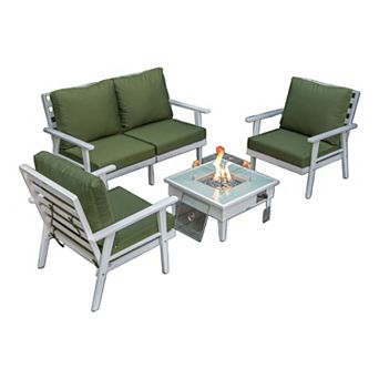 LeisureMod Walbrooke Modern White Patio Conversation With Square Fire Pit & Tank Holder