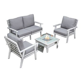 LeisureMod Walbrooke Modern White Patio Conversation With Square Fire Pit & Tank Holder