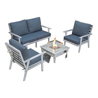 LeisureMod Walbrooke Modern White Patio Conversation With Square Fire Pit & Tank Holder