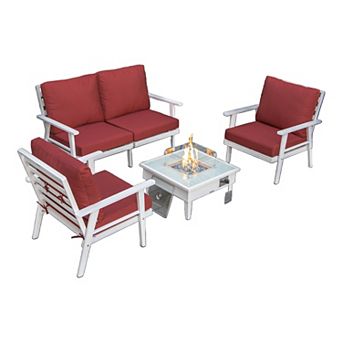 LeisureMod Walbrooke Modern White Patio Conversation With Square Fire Pit & Tank Holder