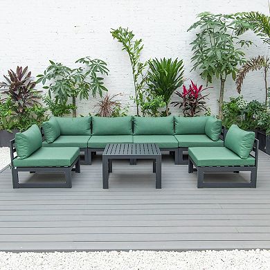 LeisureMod Chelsea 7-Piece Patio Sectional And Coffee Table Set Black Aluminum With Cushions