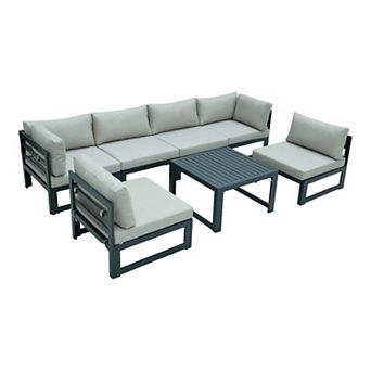 LeisureMod Chelsea 7 pc Patio Sectional And Coffee Table Set Black Aluminum With Cushions