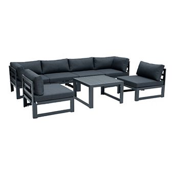 LeisureMod Chelsea 7 pc Patio Sectional And Coffee Table Set Black Aluminum With Cushions