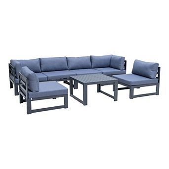 LeisureMod Chelsea 7 pc Patio Sectional And Coffee Table Set Black Aluminum With Cushions
