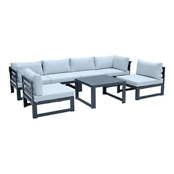 LeisureMod Chelsea 7 pc Patio Sectional And Coffee Table Set Black Aluminum With Cushions