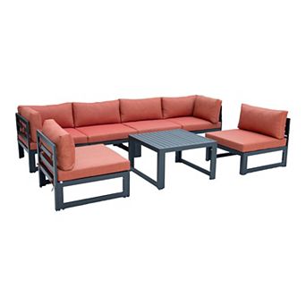 LeisureMod Chelsea 7 pc Patio Sectional And Coffee Table Set Black Aluminum With Cushions
