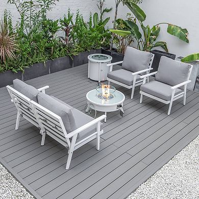 LeisureMod Walbrooke Modern White Patio Conversation With Round Fire Pit & Tank Holder