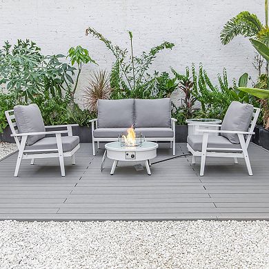 LeisureMod Walbrooke Modern White Patio Conversation With Round Fire Pit & Tank Holder