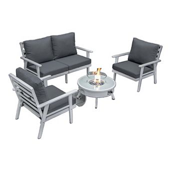 LeisureMod Walbrooke Modern White Patio Conversation With Round Fire Pit & Tank Holder