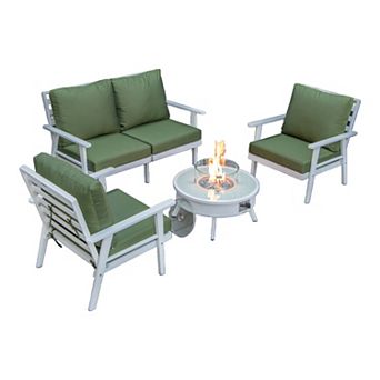 LeisureMod Walbrooke Modern White Patio Conversation With Round Fire Pit & Tank Holder