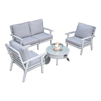 LeisureMod Walbrooke Modern White Patio Conversation With Round Fire Pit & Tank Holder