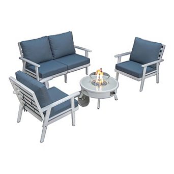 LeisureMod Walbrooke Modern White Patio Conversation With Round Fire Pit & Tank Holder