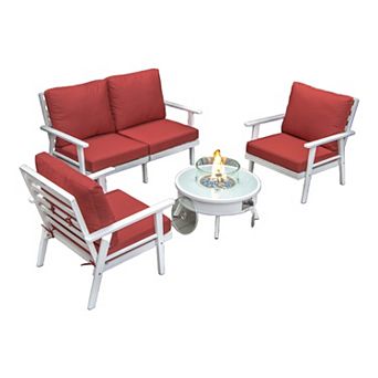 LeisureMod Walbrooke Modern White Patio Conversation With Round Fire Pit & Tank Holder
